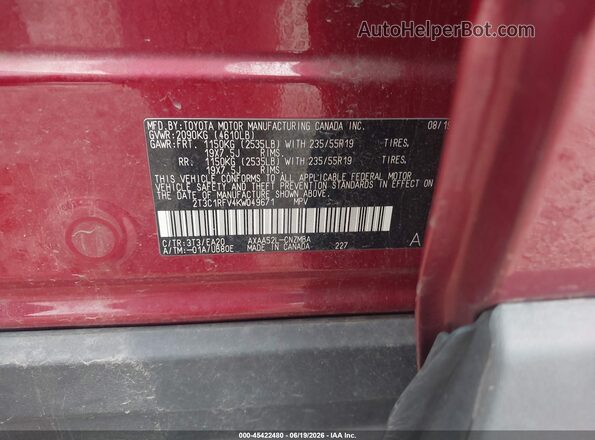 2T3C1RFV4KW049671 2019 TOYOTA RAV4 Red Engine compartment view