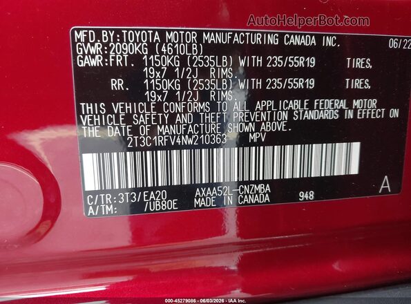 2T3C1RFV4NW210363 2022 TOYOTA RAV4 Red Engine compartment view
