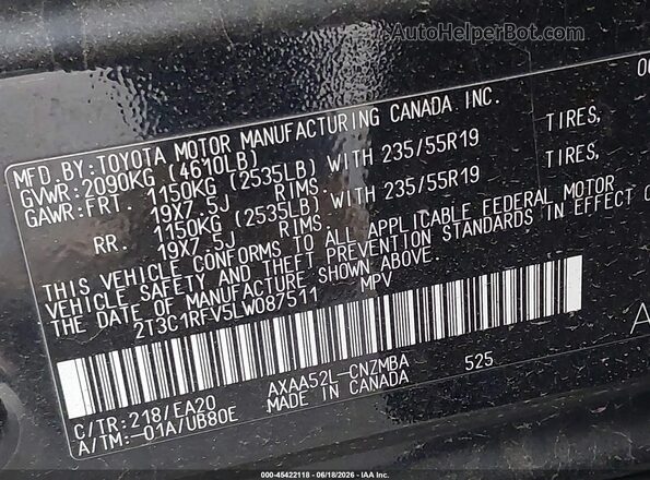 2T3C1RFV5LW087511 2020 TOYOTA RAV4 Черный Вид подкапотного пространства