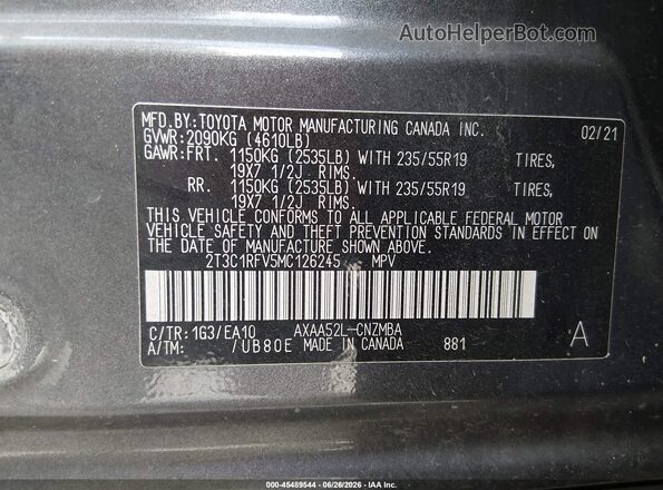 2T3C1RFV5MC126245 2021 TOYOTA RAV4 Gray Vista del compartimento del motor