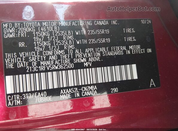 2T3C1RFV5RW362500 2024 TOYOTA RAV4 Burgundy Вид підкапотного простору