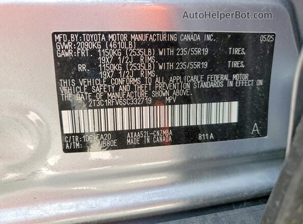 2T3C1RFV6SC332719 2025 TOYOTA RAV4 Silver Widok naklejki z numerem VIN