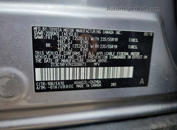 2T3C1RFV7KC008873 2019 TOYOTA RAV4 Серебряный Вид наклейки с VIN-кодом