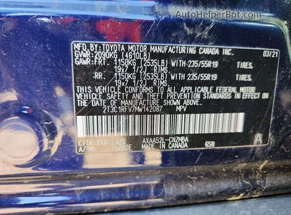 2T3C1RFV7MW142087 2021 TOYOTA RAV4 Blue Vista de la etiqueta del VIN