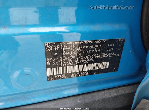 2T3C1RFV7MW172965 2021 TOYOTA RAV4 Blue Շարժիչի բաժամունքի տեսք
