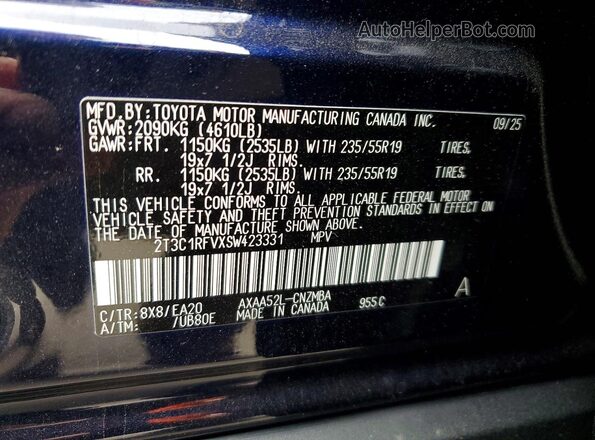2T3C1RFVXSW423331 2025 TOYOTA RAV4 Синий Панорамный вид салона 360°