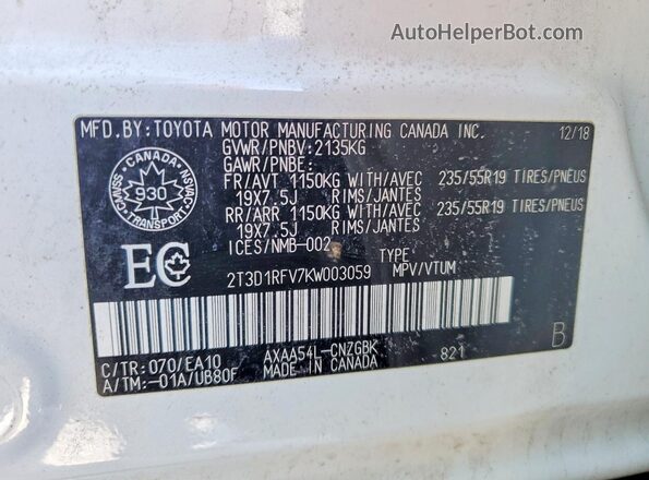 2T3D1RFV7KW003059 2019 TOYOTA RAV4 White ძრავის განყოფილების ხედი