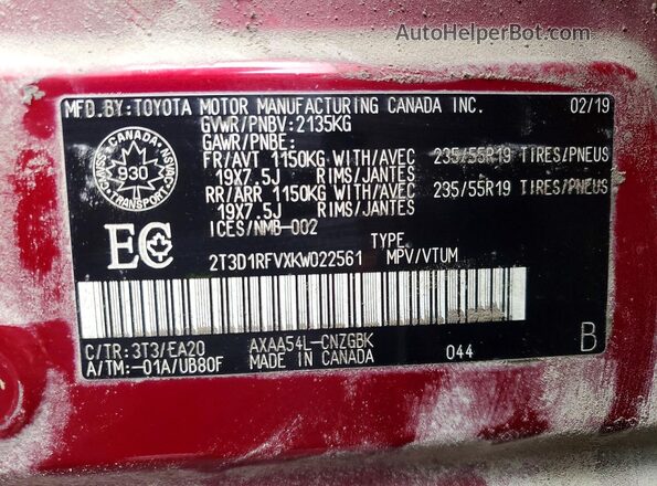 2T3D1RFVXKW022561 2019 TOYOTA RAV4 Red სალონის 360-გრადუსიანი ხედი