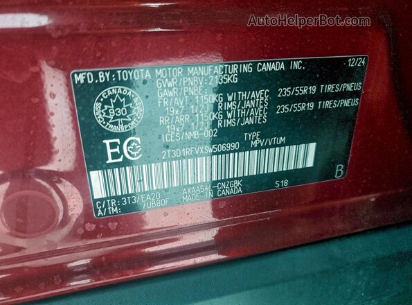2T3D1RFVXSW506990 2025 TOYOTA RAV4 Красный 