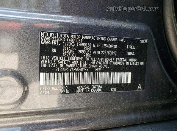 2T3D6RFV4RW048178 2024 TOYOTA RAV4 Gray Вид наклейки з VIN-кодом