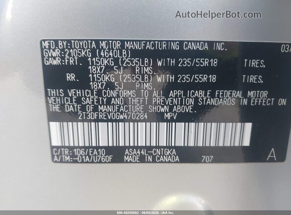 2T3DFREV0GW470284 2016 TOYOTA RAV4 Серебряный 