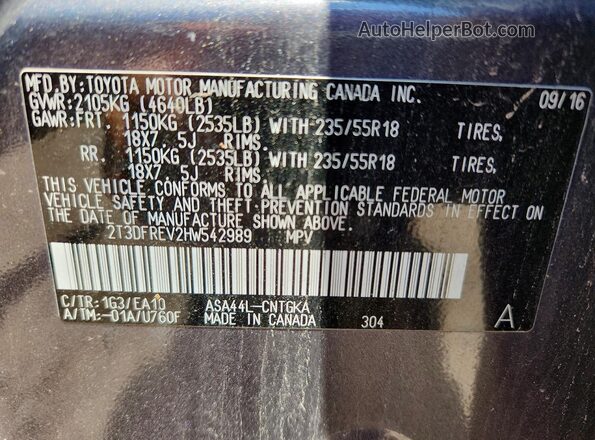 2T3DFREV2HW542989 2017 TOYOTA RAV4 Charcoal VIN կոդի պիտակի տեսք