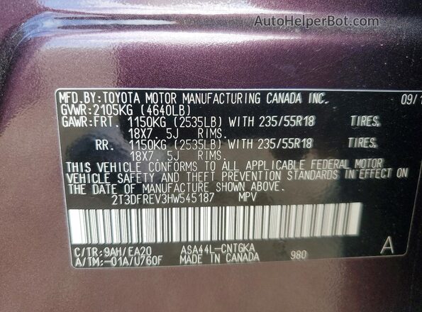 2T3DFREV3HW545187 2017 TOYOTA RAV4 Burgundy Widok naklejki z numerem VIN