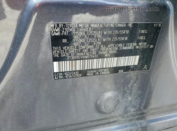 2T3DFREV4HW576402 2017 TOYOTA RAV4 Charcoal VIN sticker view