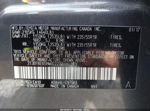 2T3DFREV5HW602232 2017 TOYOTA RAV4 Gray Vista del compartimento del motor