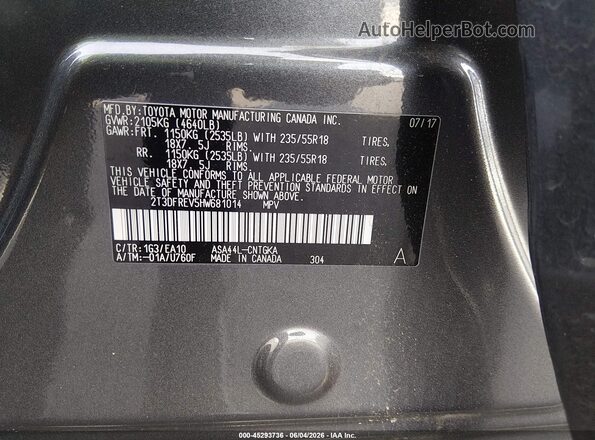 2T3DFREV5HW681014 2017 TOYOTA RAV4 Gray Вид підкапотного простору