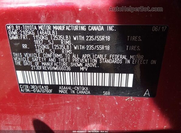 2T3DFREV6HW666036 2017 TOYOTA RAV4 Red Շարժիչի բաժամունքի տեսք