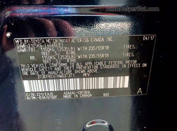 2T3DFREV7HW637371 2017 TOYOTA RAV4 Charcoal VIN կոդի պիտակի տեսք