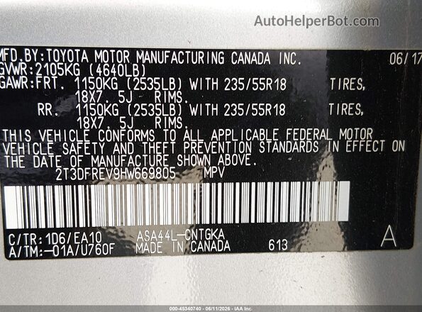 2T3DFREV9HW669805 2017 TOYOTA RAV4 Silver Շարժիչի բաժամունքի տեսք