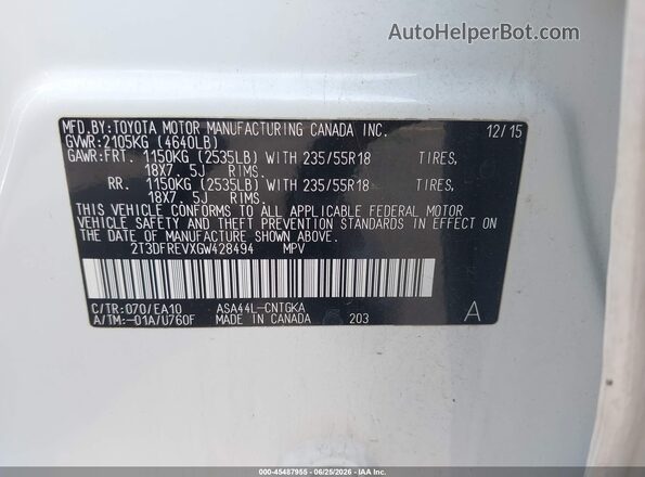 2T3DFREVXGW428494 2016 TOYOTA RAV4 White Vista del compartimento del motor