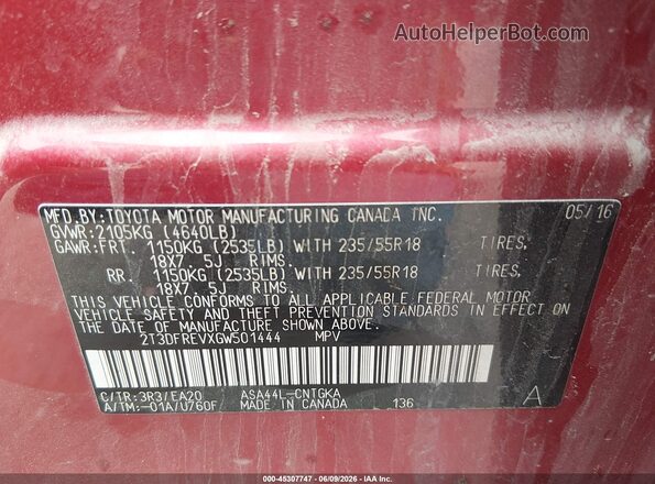 2T3DFREVXGW501444 2016 TOYOTA RAV4 Red Widok komory silnika