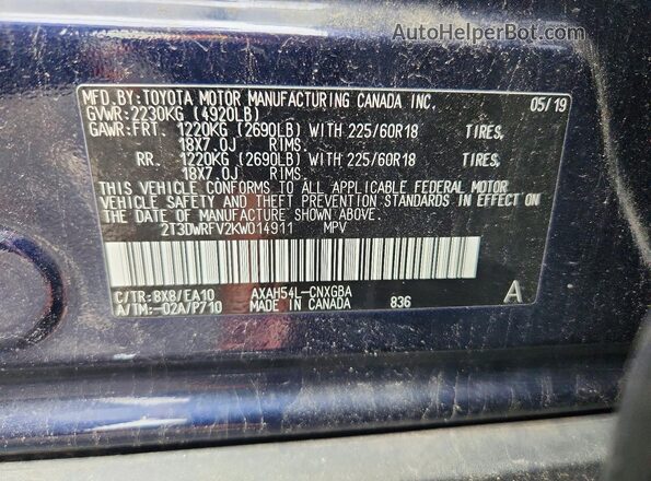 2T3DWRFV2KW014911 2019 TOYOTA RAV4 Синий Вид наклейки с VIN-кодом