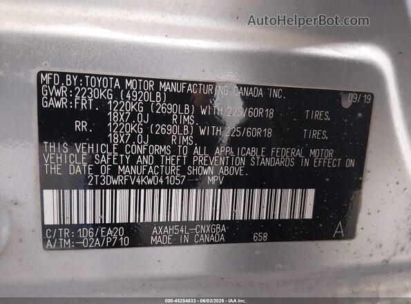2T3DWRFV4KW041057 2019 TOYOTA RAV4 HYBRID Silver 
