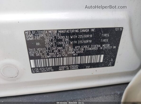 2T3DWRFV6LW061456 2020 TOYOTA RAV4 HYBRID Белый Вид подкапотного пространства