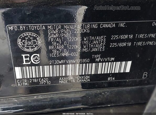 2T3DWRFV8NW135950 2022 TOYOTA RAV4 HYBRID Black 