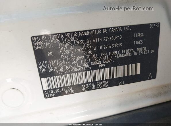2T3E6RFV3NW031774 2022 TOYOTA RAV4 HYBRID White Vista del compartimento del motor