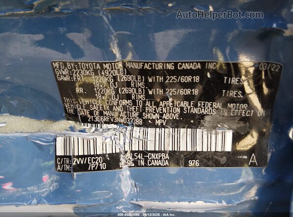 2T3E6RFV3NW032388 2022 TOYOTA RAV4 HYBRID Blue Вид підкапотного простору