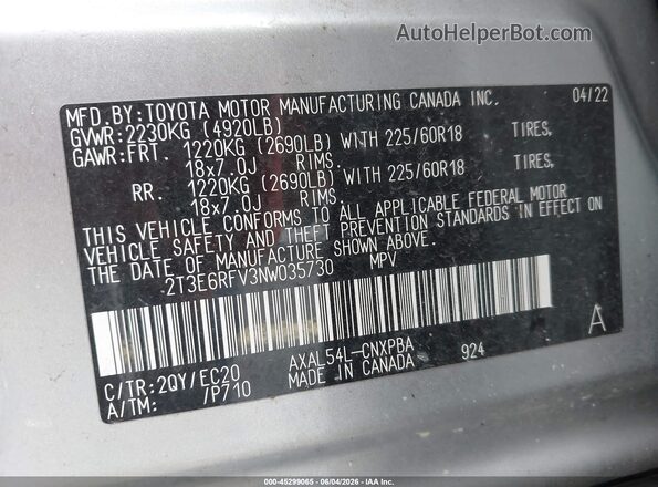 2T3E6RFV3NW035730 2022 TOYOTA RAV4 HYBRID Silver Engine compartment view