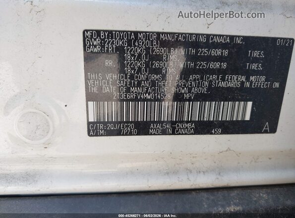 2T3E6RFV4MW014528 2021 TOYOTA RAV4 HYBRID White Widok komory silnika