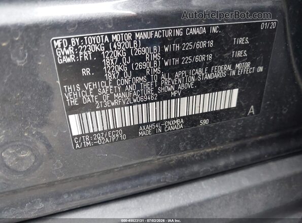 2T3EWRFV2LW069462 2020 TOYOTA RAV4 HYBRID Gray Widok komory silnika