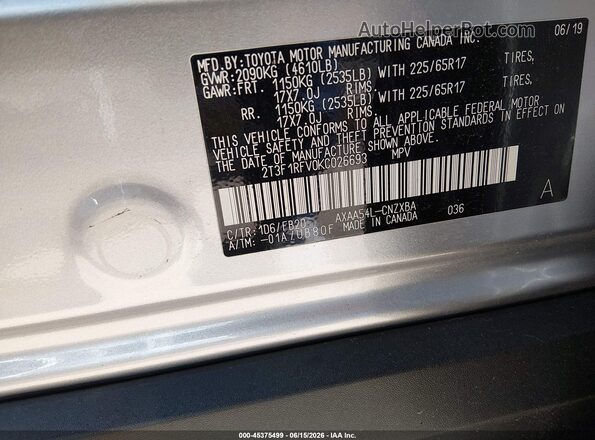 2T3F1RFV0KC026693 2019 TOYOTA RAV4 Silver Engine compartment view