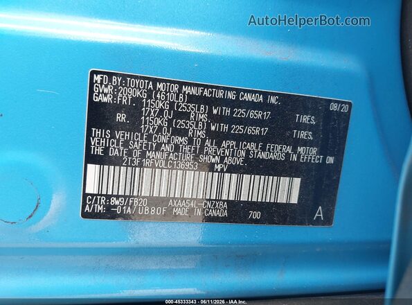 2T3F1RFV0LC136953 2020 TOYOTA RAV4 Blue Շարժիչի բաժամունքի տեսք