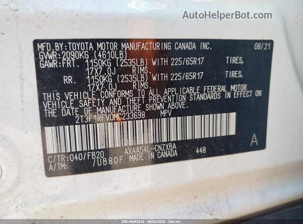 2T3F1RFV0MC233698 2021 TOYOTA RAV4 White Vista del compartimento del motor