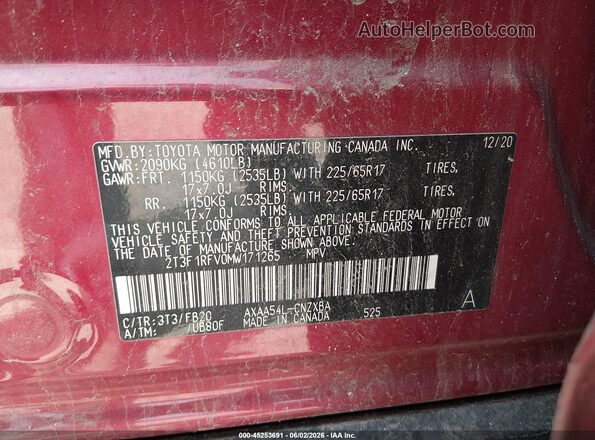 2T3F1RFV0MW171265 2021 TOYOTA RAV4 Темно-бордовый 