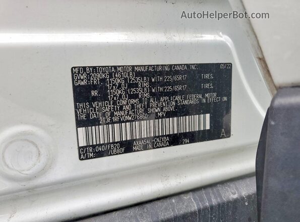 2T3F1RFV0NW276860 2022 TOYOTA RAV4 White Vista de la etiqueta del VIN