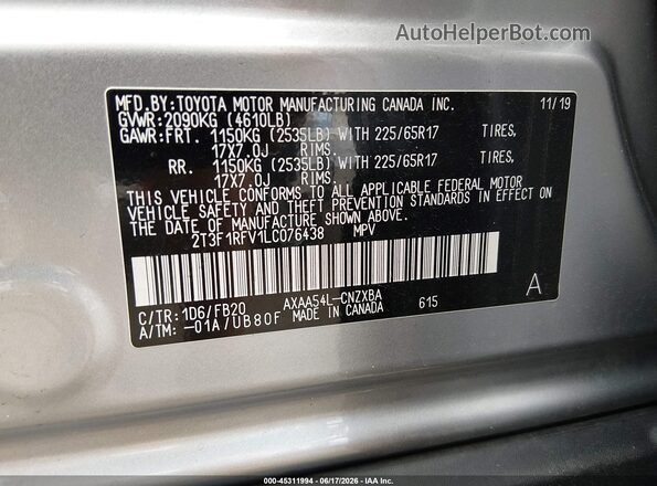 2T3F1RFV1LC076438 2020 TOYOTA RAV4 Gray Engine compartment view