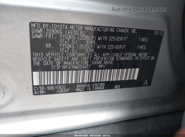 2T3F1RFV1NW254477 2022 TOYOTA RAV4 Silver Widok komory silnika