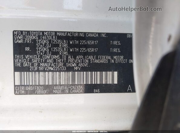 2T3F1RFV2MW225133 2021 TOYOTA RAV4 White Vista del compartimento del motor