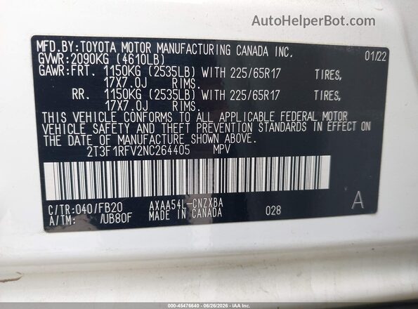 2T3F1RFV2NC264405 2022 TOYOTA RAV4 White Շարժիչի բաժամունքի տեսք