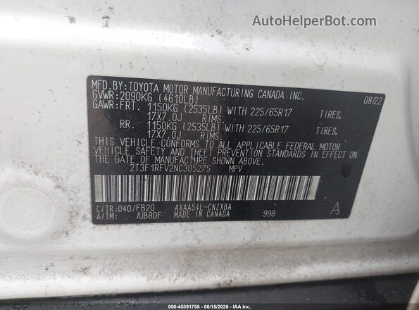 2T3F1RFV2NC305275 2022 TOYOTA RAV4 White Widok komory silnika
