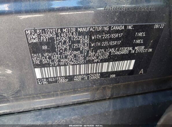 2T3F1RFV2NW304951 2022 TOYOTA RAV4 Серый Вид наклейки с VIN-кодом