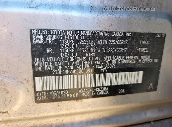 2T3F1RFV3KC001061 2019 TOYOTA RAV4 Серебряный Панорамный вид салона 360°