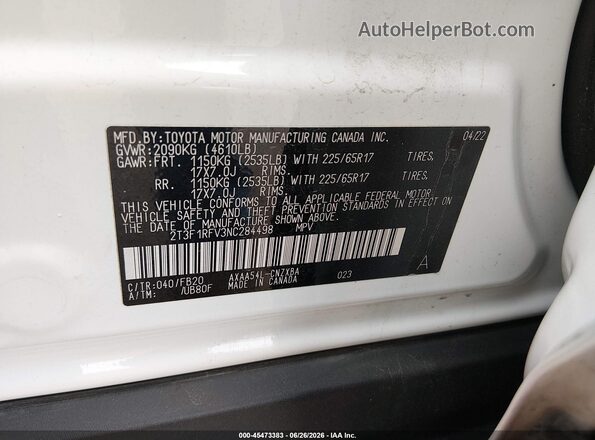 2T3F1RFV3NC284498 2022 TOYOTA RAV4 White VIN sticker view