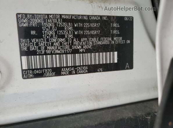 2T3F1RFV3NW281177 2022 TOYOTA RAV4 White 