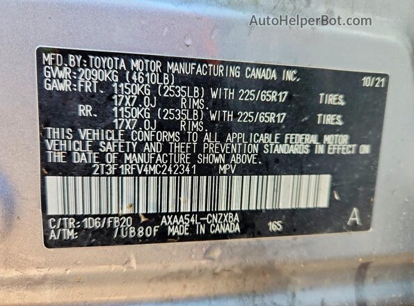 2T3F1RFV4MC242341 2021 TOYOTA RAV4 Silver VIN կոդի պիտակի տեսք