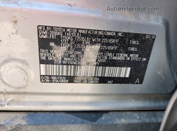 2T3F1RFV5KW036683 2019 TOYOTA RAV4 Silver VIN კოდის სტიკერის ხედი